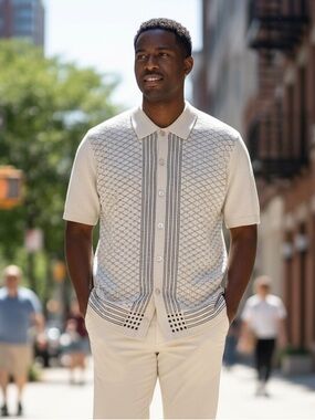 Vintage Style Geometric Knit Polo Shirt Button Down Mid Century Gray Cream XL